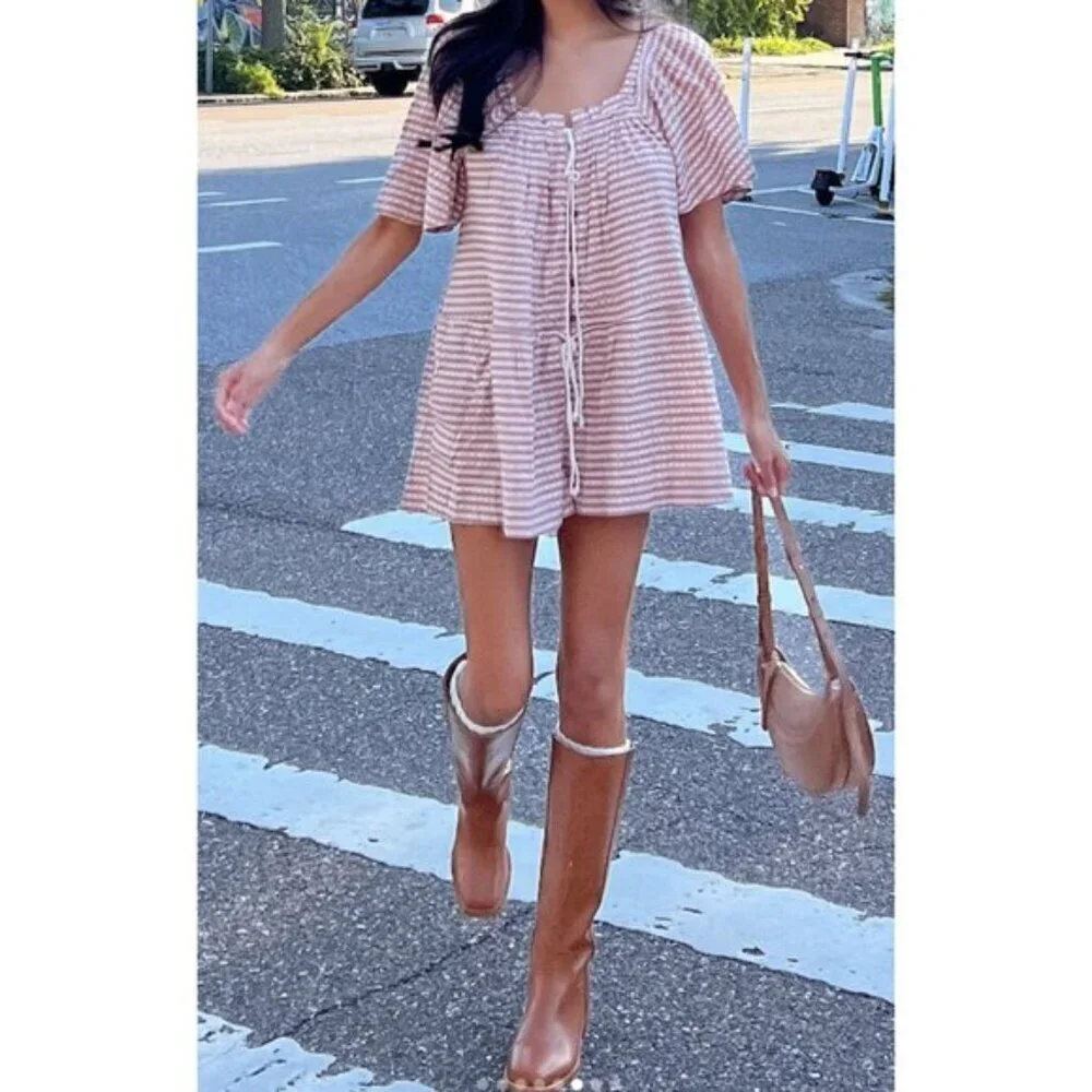 FREE PEOPLE County Line Plaid Romper in Pink Combo Size Medium NWT